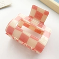 Glossy checkered hair claw clip in peach pink and cream white rectangle design - Medium Square Hollow Checkerboard Style / Small Pink Blocks