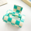 Green and cream checkered hair claw clip with a glossy finish and square hollow design - Medium Square Hollow Checkerboard Style / Small Blue Blocks