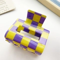 Matte purple and yellow checkerboard hair claw clip with glossy finish and secure grip - Medium Square Hollow Checkerboard Style / Small Purple and Yellow Blocks