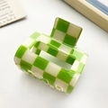Glossy hair claw clip with bright green and cream checkered pattern in rectangular style - Medium Square Hollow Checkerboard Style / Small Green and White Blocks
