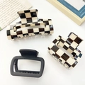 Checkered and matte black hair claw clip set for women with rectangular hollow design - Black & White Combo