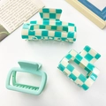 Three-piece checkered hair claw clip set in mint green and cream resin and matte finish - Blue Combo