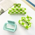 Three-piece checkerboard hair claw set in green and white with a matte mint green clip - Green Combo