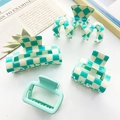 Checkerboard hair claw set including mint green matte clip and patterned resin hair clamps - Blue Theme Set