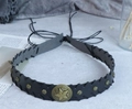 Retro punk black leather collar with bronze star and stud details on a gray texture background - 56-58cm / Black Woven Edge Star Studded Punk Choker (AB317)