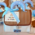 Borsa da trucco trapuntata marrone con manico blu e biglietto di buon compleanno - Casetta Marrone (con Biglietto E Nastro Inclusi)