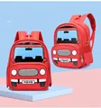 Red cartoon car-shaped children backpack with POWO plate and comfortable padded straps - Red