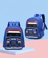 Blue kids backpack with racing track design and number 65 on side pocket display - Blue