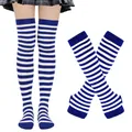 Women's blue and white striped thigh high socks and matching arm warmer sleeve set - Thin Stripe Set (39) / Sapphire Blue