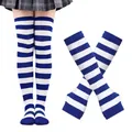 Blue and white striped thigh high socks with matching fingerless arm warmer set - Wide Stripe Set (40) / Sapphire Blue