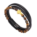 Men's multi-layer bracelet with tiger eye stones, black braided leather, and gold cross charm - 19cm / Tiger Eye Stone With Golden Cross