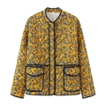 Quilted cotton jacket with yellow floral print, stand collar and two large pockets - S / Yellow Floral