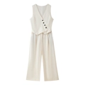 Women's two-piece linen blend set with single-breasted vest and high waist wide-leg trousers - XS / White