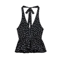 Damen Neckholder Top schwarz mit weißen Punkten, V-Ausschnitt und Schößchensaum - S / Schwarzer Polka Dot