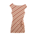 Ärmelloses beiges Kleid mit roten und schwarzen Diagonalstreifen und Taillenraffung - S / Bedruckt