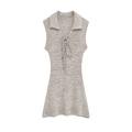 Grey knit sleeveless mini dress with turn-down collar and bow tie detail - XS / Gray