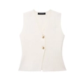 Slim fit cream white knit vest with V-neck and two decorative gold buttons - Creamy White Vest