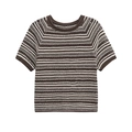 Women's casual striped short sleeve knit top with brown hollow texture and round neck - S / Brown White Striped