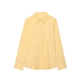 Détail du col de la chemise en lin montrant l'étiquette de taille S et la texture du tissu - XS / Hauts / Chemise Jaune