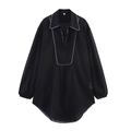 Women's black long sleeve chiffon shirt with contrast white piping and stylish V-neck design - S / Black