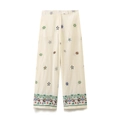 Cremeweiße High-Waist-Hose mit weitem Bein und bunter Blumenstickerei aus Baumwollleinen - S / Bestickte Freizeithose