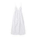 Dettaglio di un abito lungo bianco con scollo a V, vita alta e gonna a trapezio fluida - S / Bianco