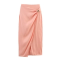 Chic coral pink satin midi skirt featuring side pleats and elegant gold metal buckle - XS / Pink
