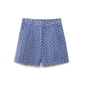 Damen-Shorts mit hoher Taille in Blau mit weißer Blumenstickerei und A-Linien-Schnitt - S / Blau