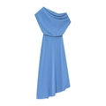 Elegant sky blue one-shoulder midi dress with stylish draped collar on white background - S / Blue