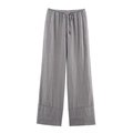 Détails du pantalon large gris foncé avec taille élastique à cordon et texture lin - S / Bottoms / Gris
