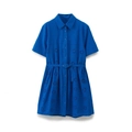 Elegante koningsblauwe jurk met korte mouwen, broderie anglaise, riem en overhemdkraag - S / Blauw