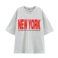 Loose fit grey cotton T-shirt featuring a vibrant red New York graphic print on the front - S