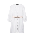 Abito lungo a camicia bianco ricamato con scollo a V, maniche a sbuffo e cintura in vita - S / Bianco