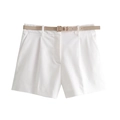 Pantaloncini bianchi da donna a vita alta minimalisti con sottile cintura marrone - S / Bianco