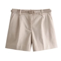 Pantaloncini estivi beige a vita alta da donna con cintura abbinata e pieghe frontali - S / Cammello