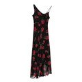 French style slim black midi dress with vibrant red rose prints and asymmetric neckline - S / Black