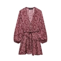 Minivestido de mujer burdeos con estampado paisley, escote en V profundo y mangas de linterna - S / Burdeos