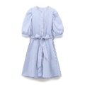 Damen A-Linien-Kleid mit blau-weißen Streifen, Puffärmeln und Taillenschleife für Sommer - S / Blau