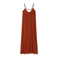 Vestido largo rojo ladrillo con cuello en V y tirantes finos con silueta evasé holgada - S / Burdeos