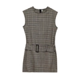 Women's sleeveless plaid mini dress with matching waist belt and black buckle detail - S / Plaid