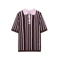 Polo en maille à manches courtes pour femmes avec rayures verticales roses et brunes - S / Haut Polo À Manches Courtes En Tricot Rayé