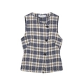 Women's tweed sleeveless vest with blue, white, and yellow plaid patterns and round neck - S / Vest
