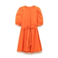 Elegante feloranje A-lijn jurk met pofmouwen en tailleband voor modieuze zomer - S / Oranjerood