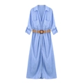 Abito a camicia a righe bianche e blu con cintura e maniche lunghe da donna - S / Celeste