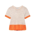 Women casual short sleeve knit sweater in cream with bright orange contrast trim detailing - S / Khaki and White