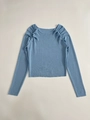 Detail of sky blue knit top showing shoulder pleats and matching decorative buttons - S / Sky Blue