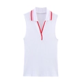 Women's white sleeveless ribbed knit Polo top with red striped V-neck collar detail - S / White