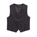 Vintage V-neck sleeveless waistcoat vest with brown buttons and front welt pockets - S / Black