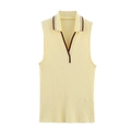 Pale yellow sleeveless ribbed knit polo shirt with striped collar and V-neck for women - S / Yellow