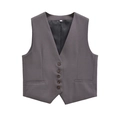 Classic dark grey V-neck suit vest with five brown buttons and side welt pockets - S / Gray